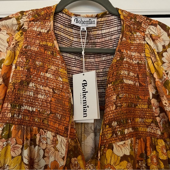 Bohemian Traders Smocked Tonal Embroidery Mini Dress in Retro Floral Rust - XXL - Picture 9 of 9